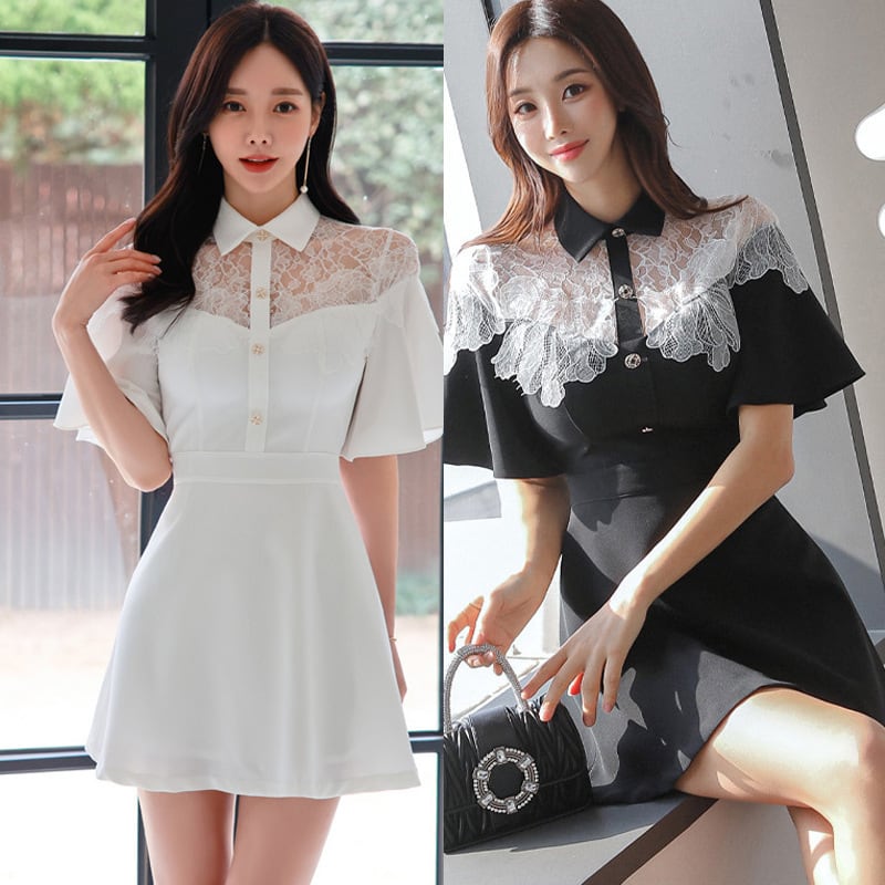 【dress】レース切り替え透かし彫りワンピース G21483