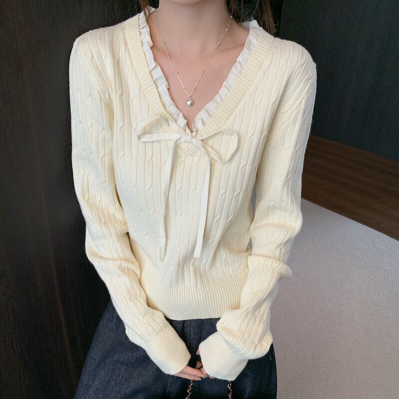 【tops】Vネックリボン付きニットトップス　M27739