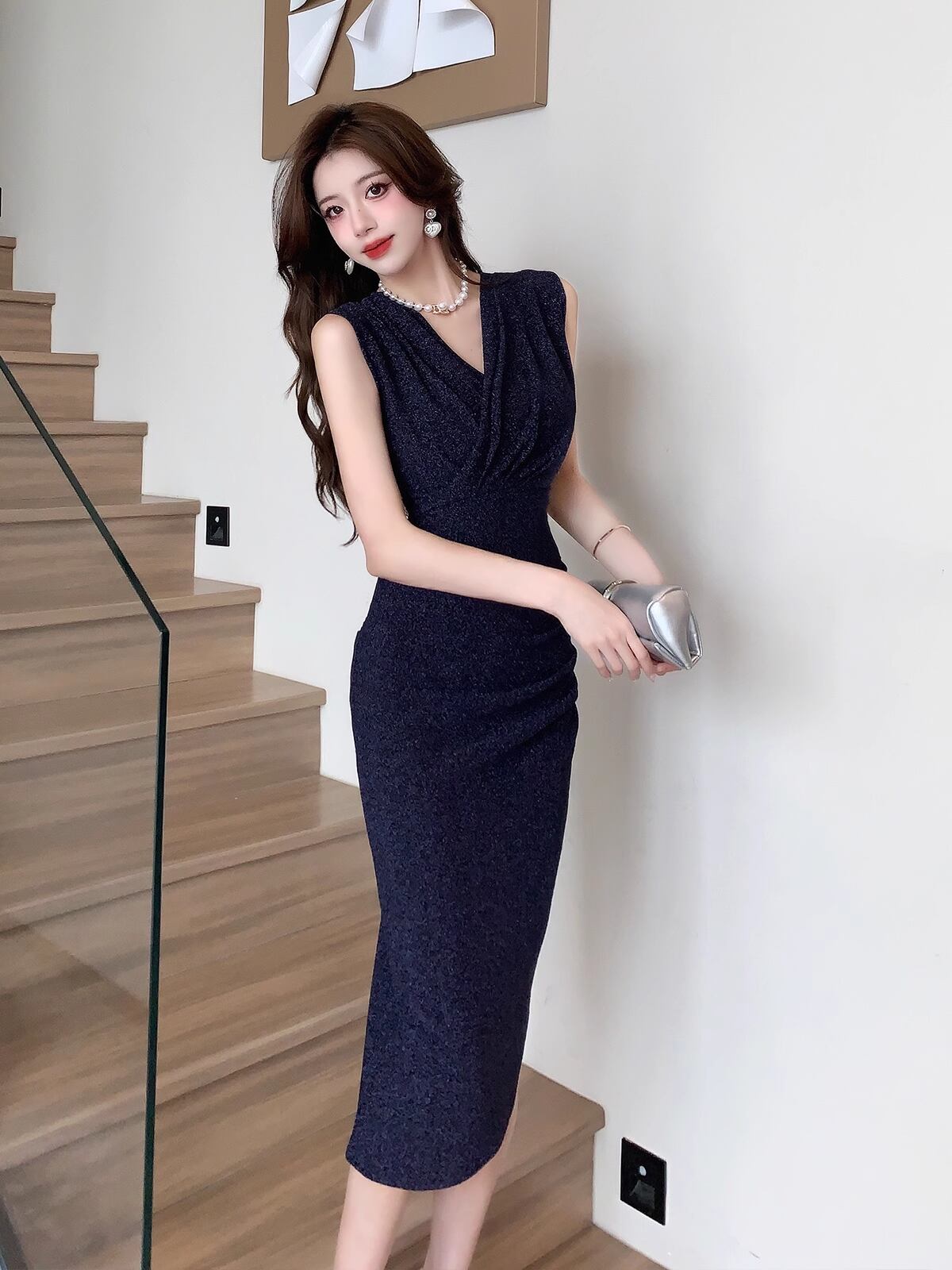 【dress】VネックスリットタイトワンピースF7321