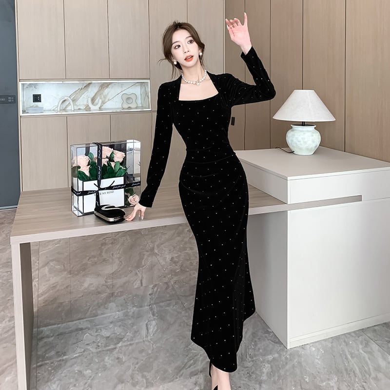 【dress】ラインストーン付きマーメイドワンピース Q6905