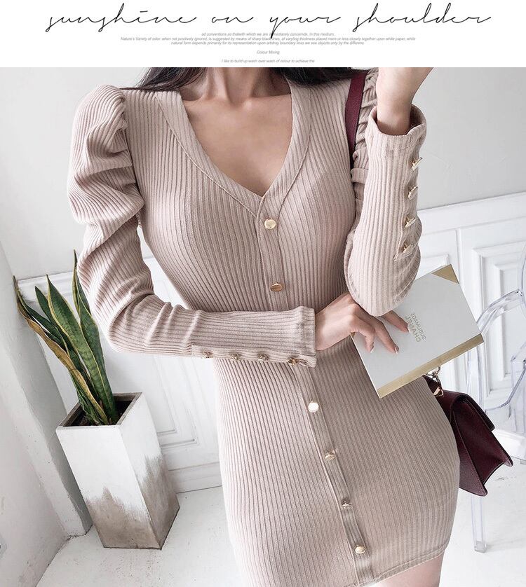 【dress】好感度UP!気質満点レトロ秋冬Vネック体型カバーお洒落ニットワンピース G2420