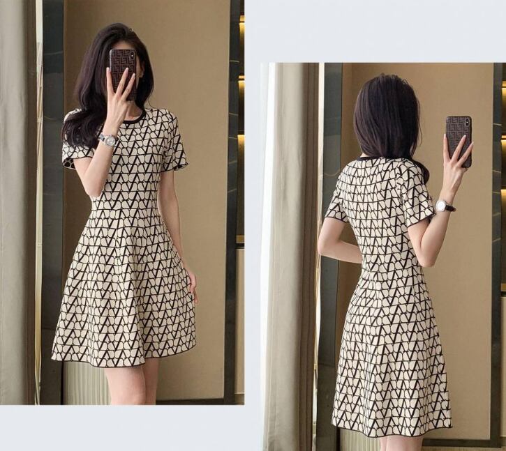 【dress】好感度満載！ラウンドネック半袖プリント配色AラインワンピースF5600