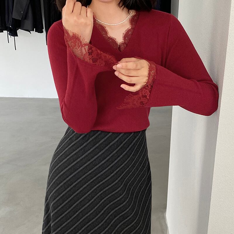 【tops】レースドッキングニットトップス Q7236