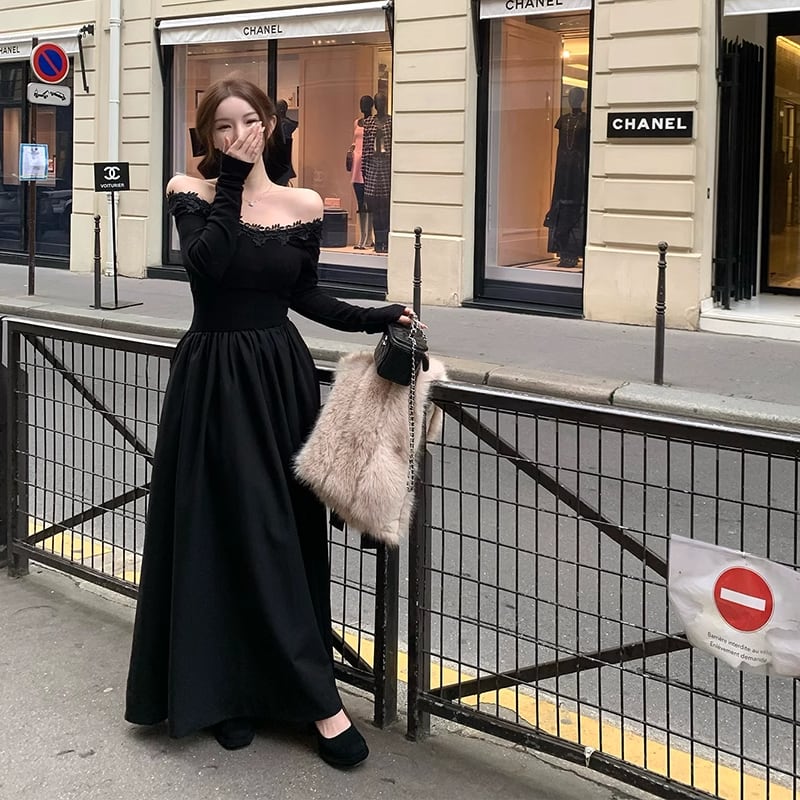 【dress】レースドッキングオフショルダーロングワンピース Q7644