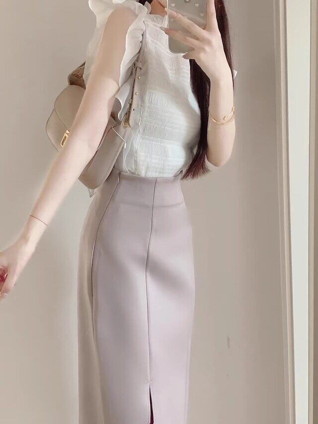 【set】フレンチスリーブトップス+スリットスカートセットF7163