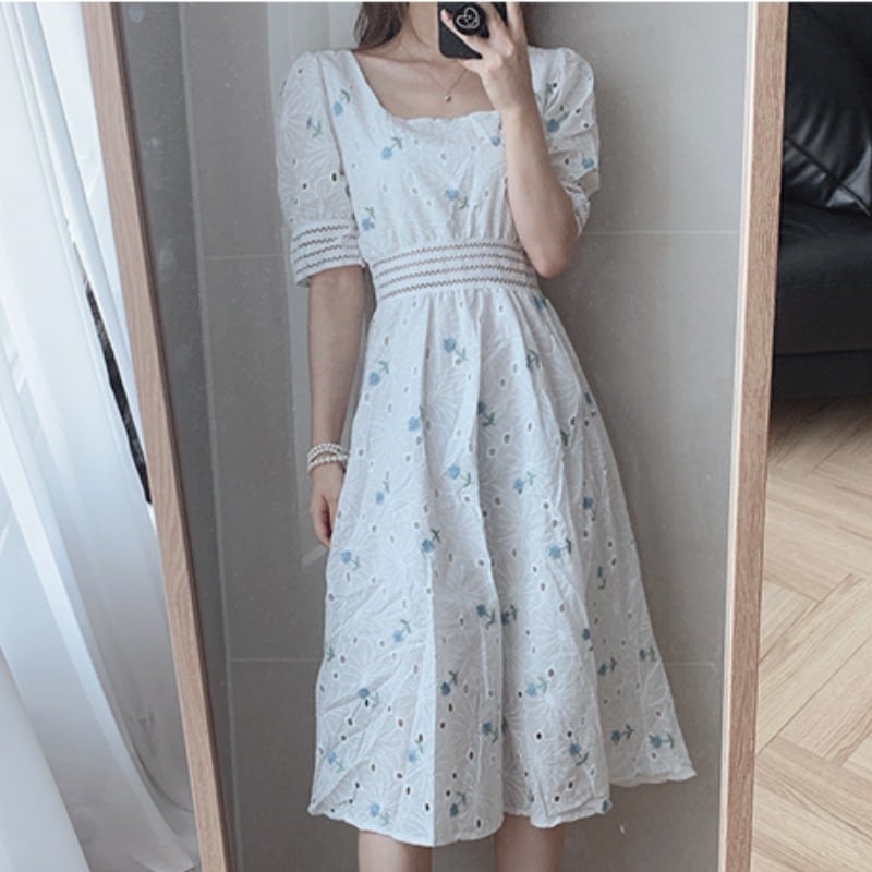 【dress】気質スウィート刺繍着痩せスクエアネック透かし彫りパフスリーブ花柄配色ワンピースF0035