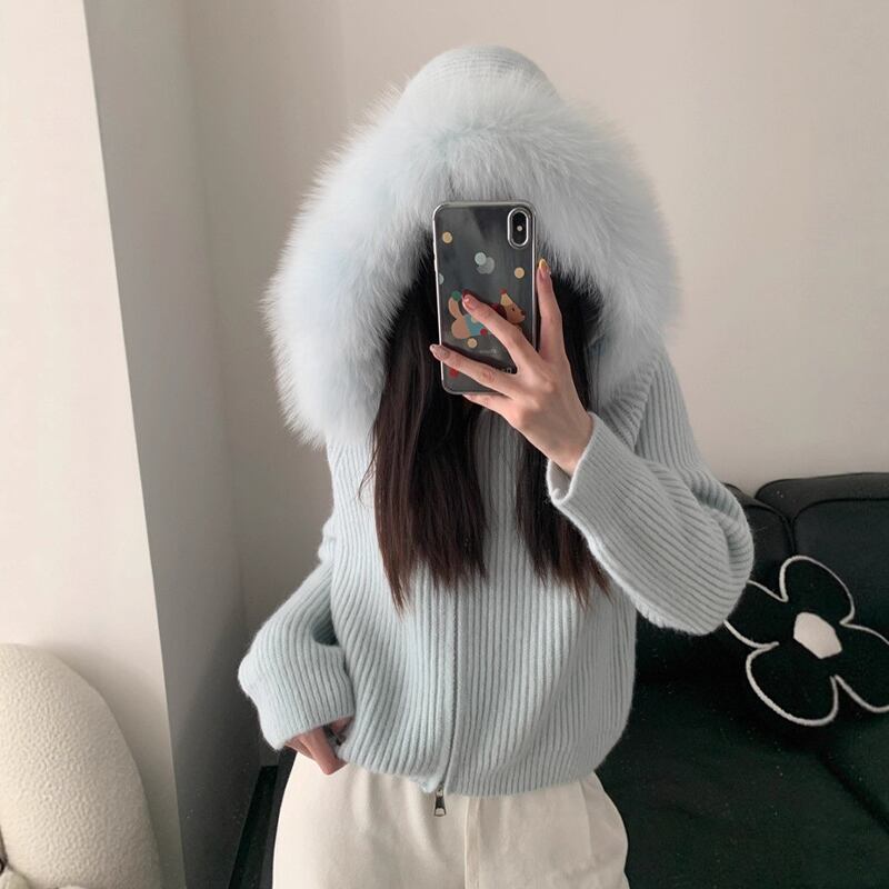 【outer】ファー付きニットカーディガン Q6996