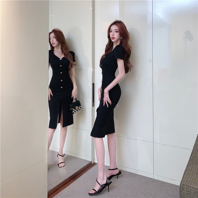 【dress】ファッション気質満点セクシーVネック体型カバー着痩せスリットワンピース G14056