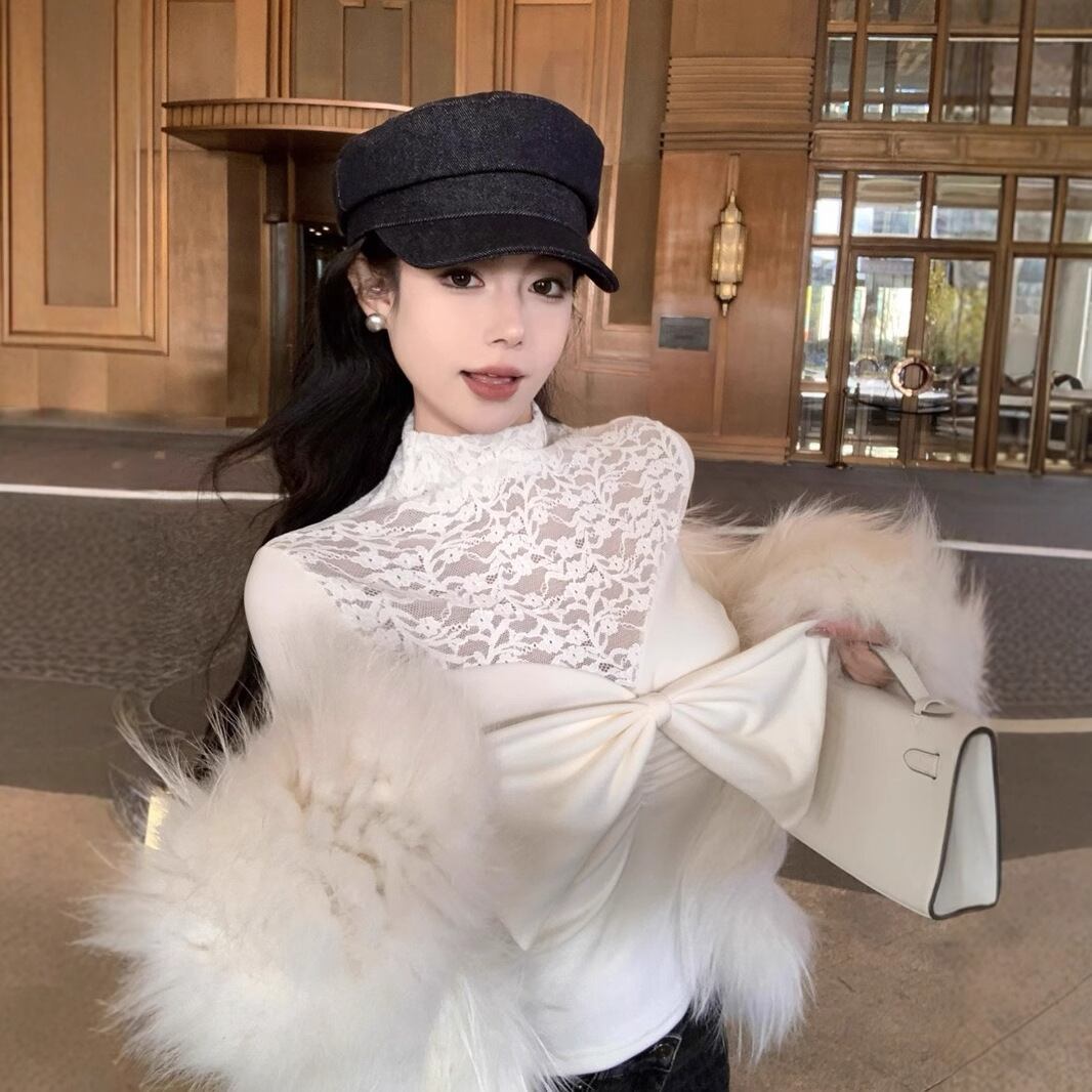 【tops】リボン付きレースドッキングトップス　M28143