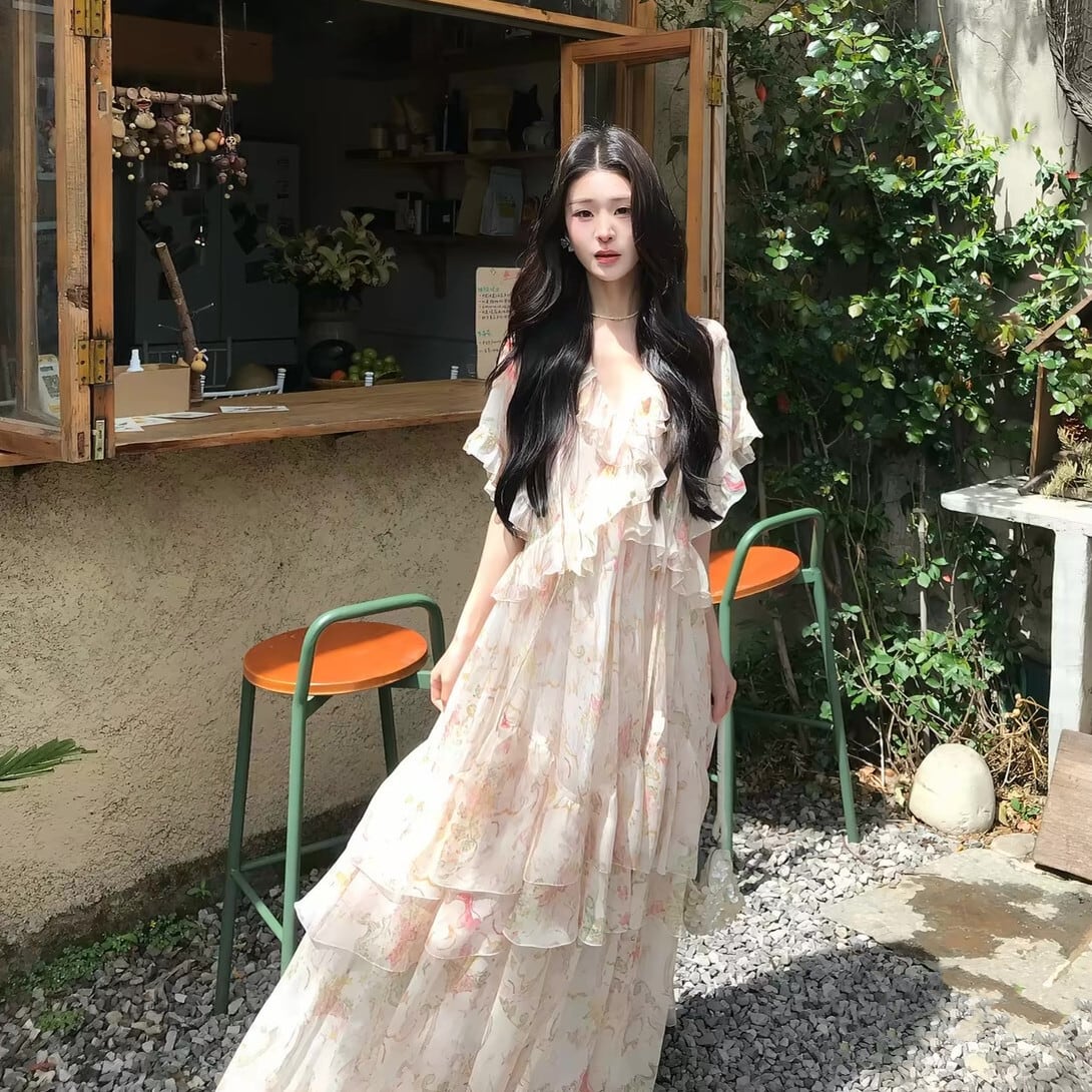 【dress】フリルプリントロングワンピース  N3575