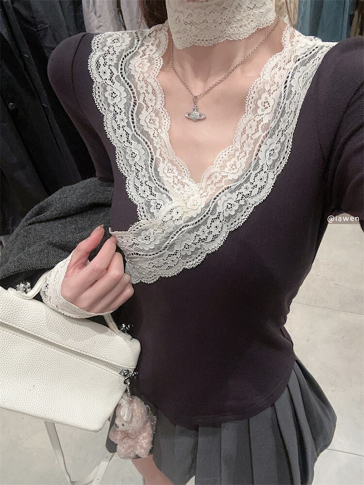 【tops】レース切り替え長袖シャツ　M28348