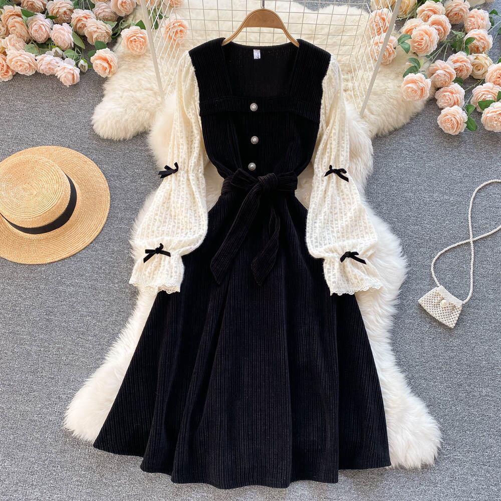 【dress】ファッションレトロスウィートデザインレース切り替えパフスリーブワンピース G3200