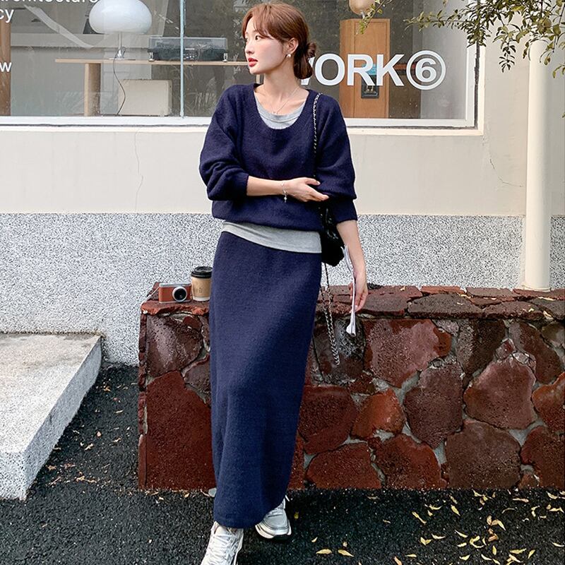 【set】キャミ×ニットトップス×ロングスカート3点セット Q6974