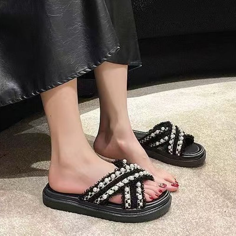 【Shoes】パール付きサンダル Q8427
