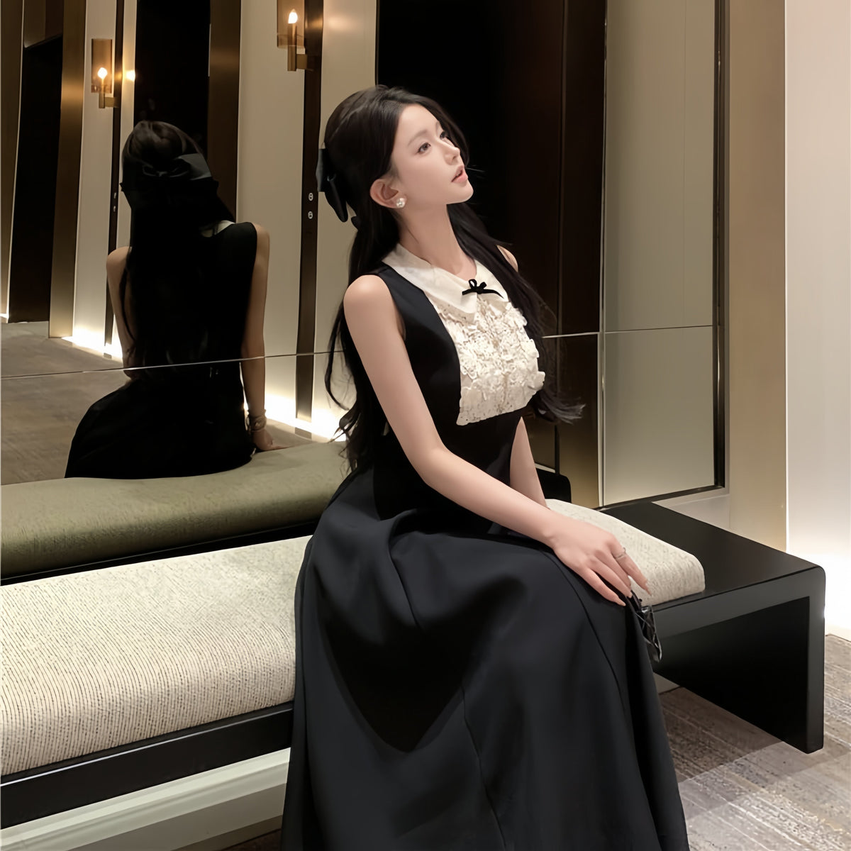 【dress】ノースリーブレースドッキングワンピース　M31116