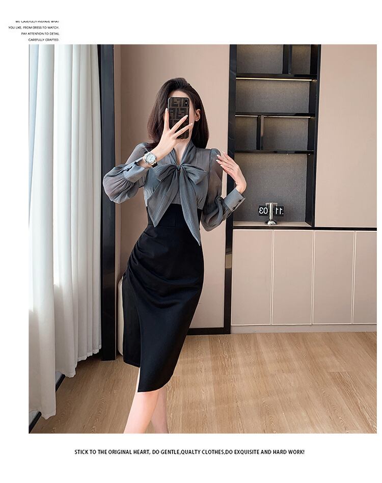 【dress】長袖偽二つ切り替えリボンワンピース G17925