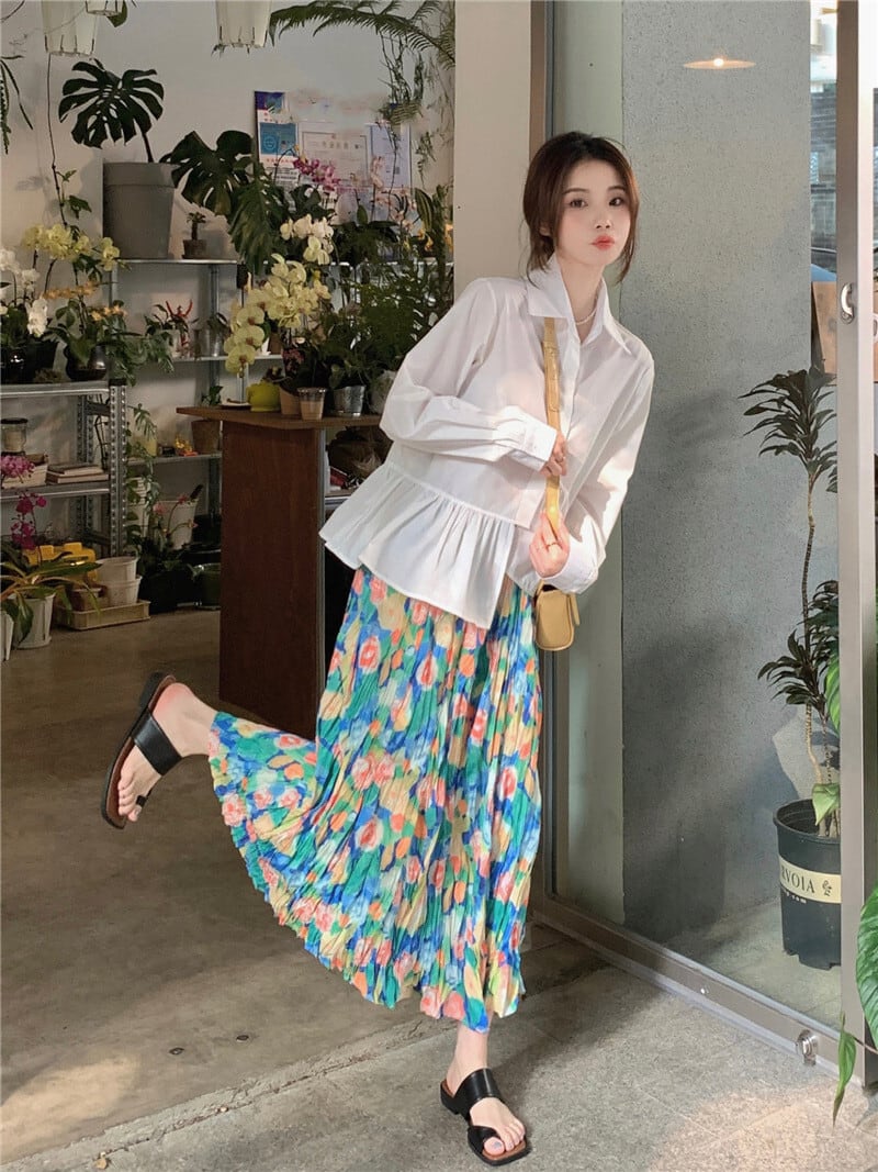 【set】シャツトップス×花柄スカートセット　M25761