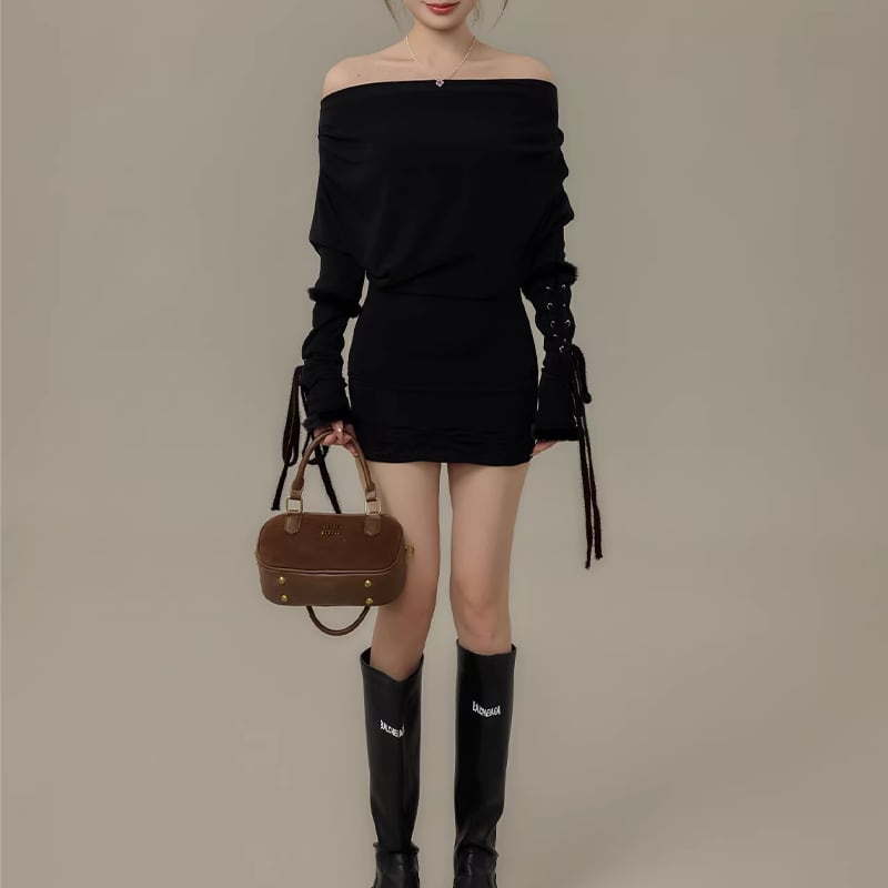 【dress】ファー付きオフショルダーニットワンピース Q7730