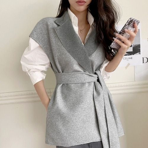 【tops】大きいラペルウエストリボンチョッキF8464