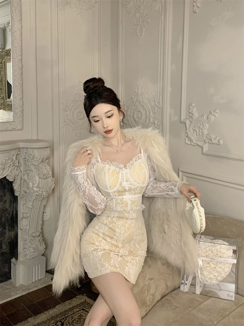 【dress】リボン付きレース切り替えワンピース　M26395