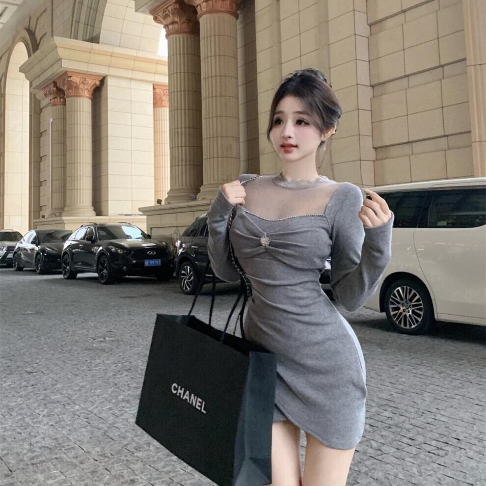 【dress】レース切り替えニットワンピース　M27692