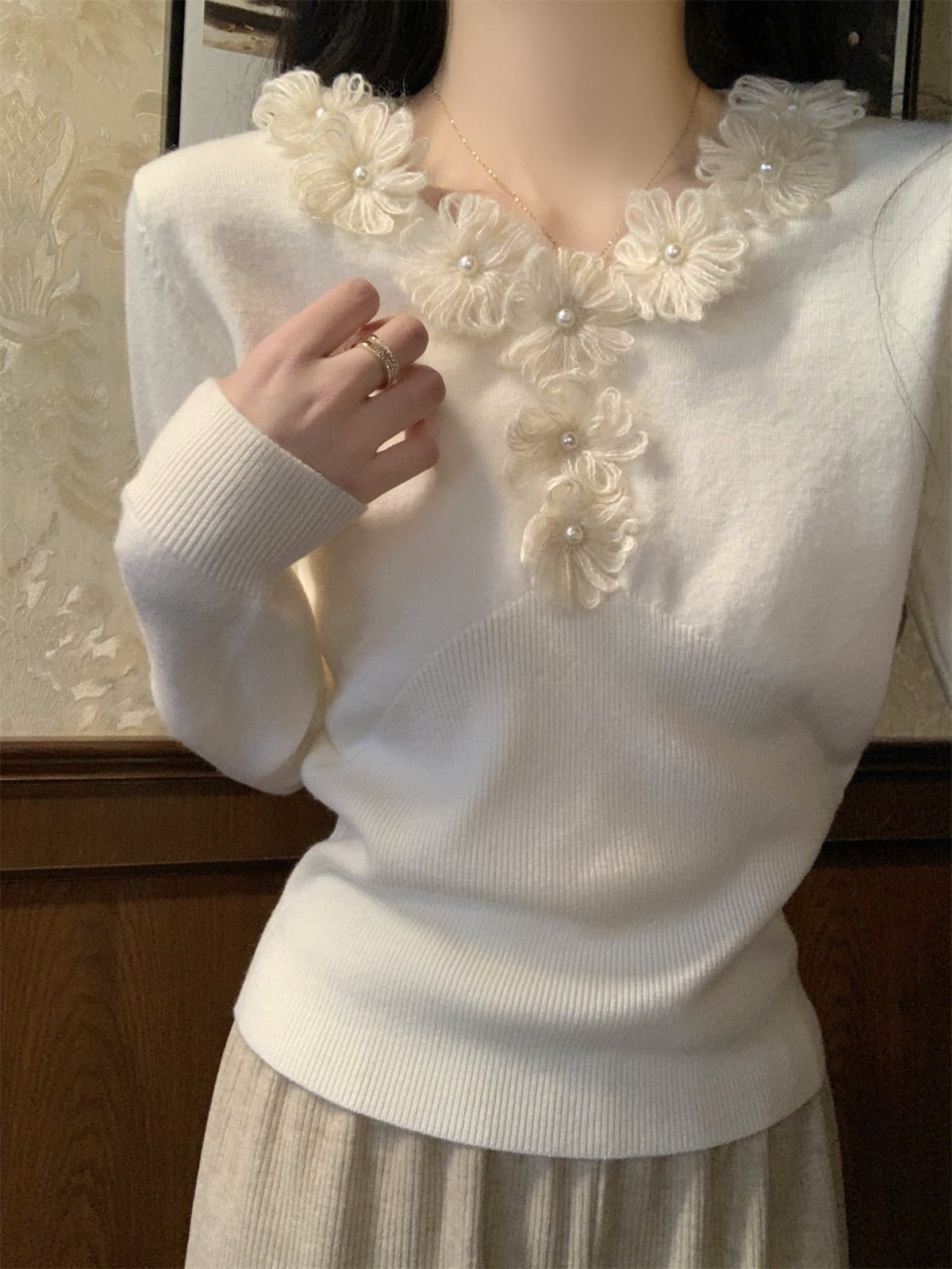 【tops】立体フラワーニットトップス　M28671
