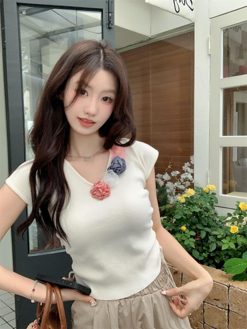 【tops】立体フラワーニットTシャツ　M24271