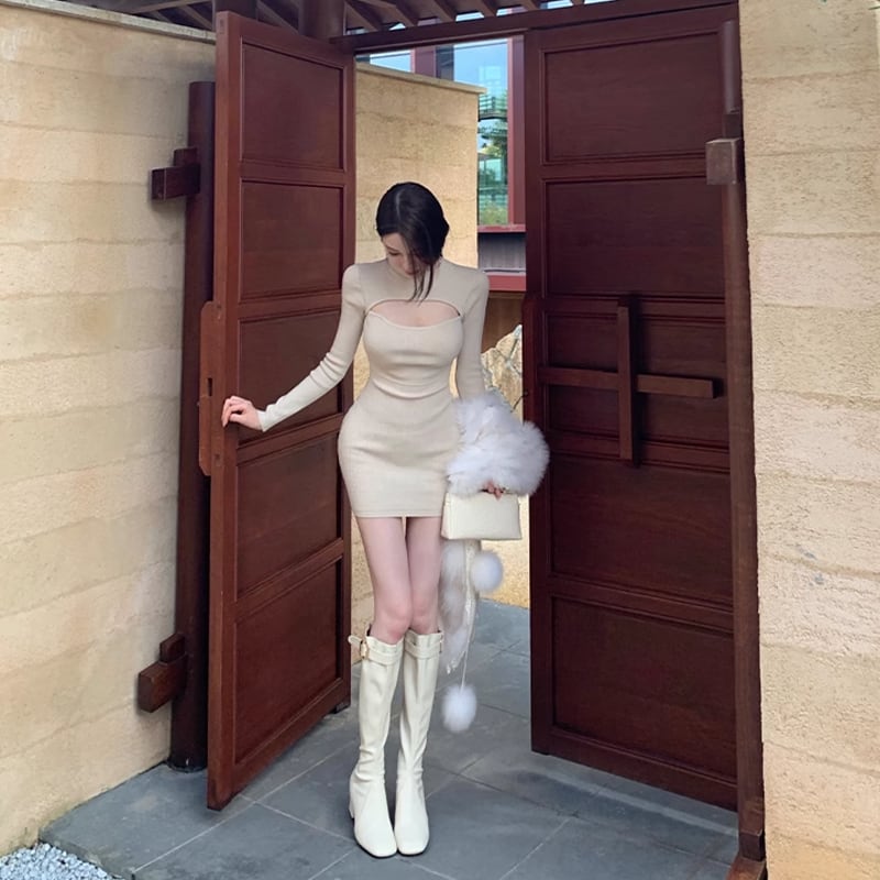 【dress】フロントカットニットワンピース Q7260