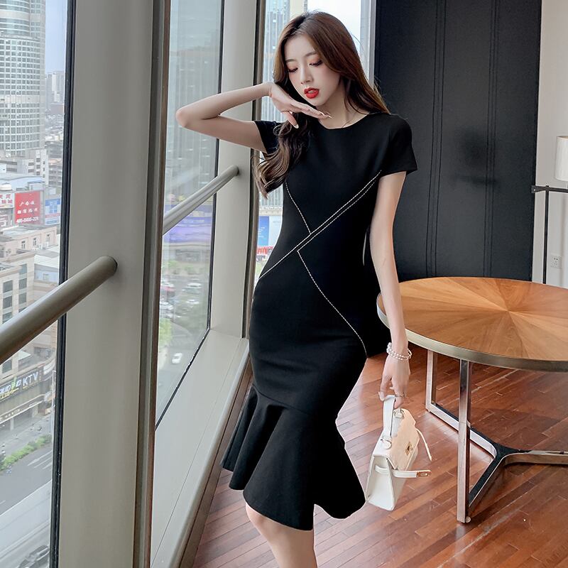 【dress】細身効果抜群好感度UP!韓国風OL通勤気質満点フリルマーメイドワンピース