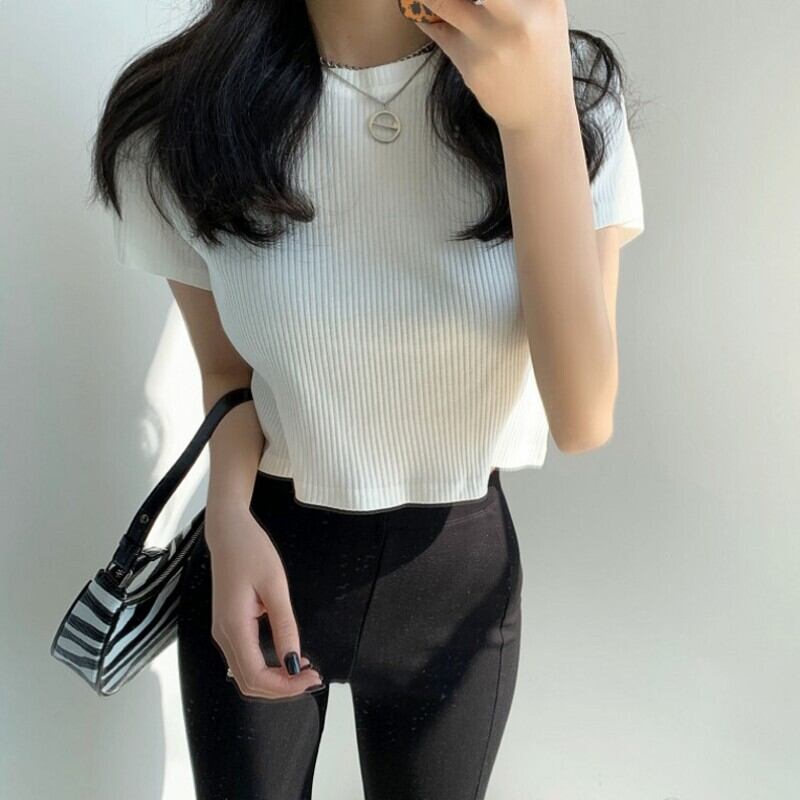 【tops】女性力を高める〜ラウンドネック半袖無地ファッション着回しTシャツF0149