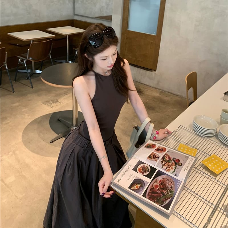 【dress】ノースリーブフェイクレイヤードロングワンピース Q8500