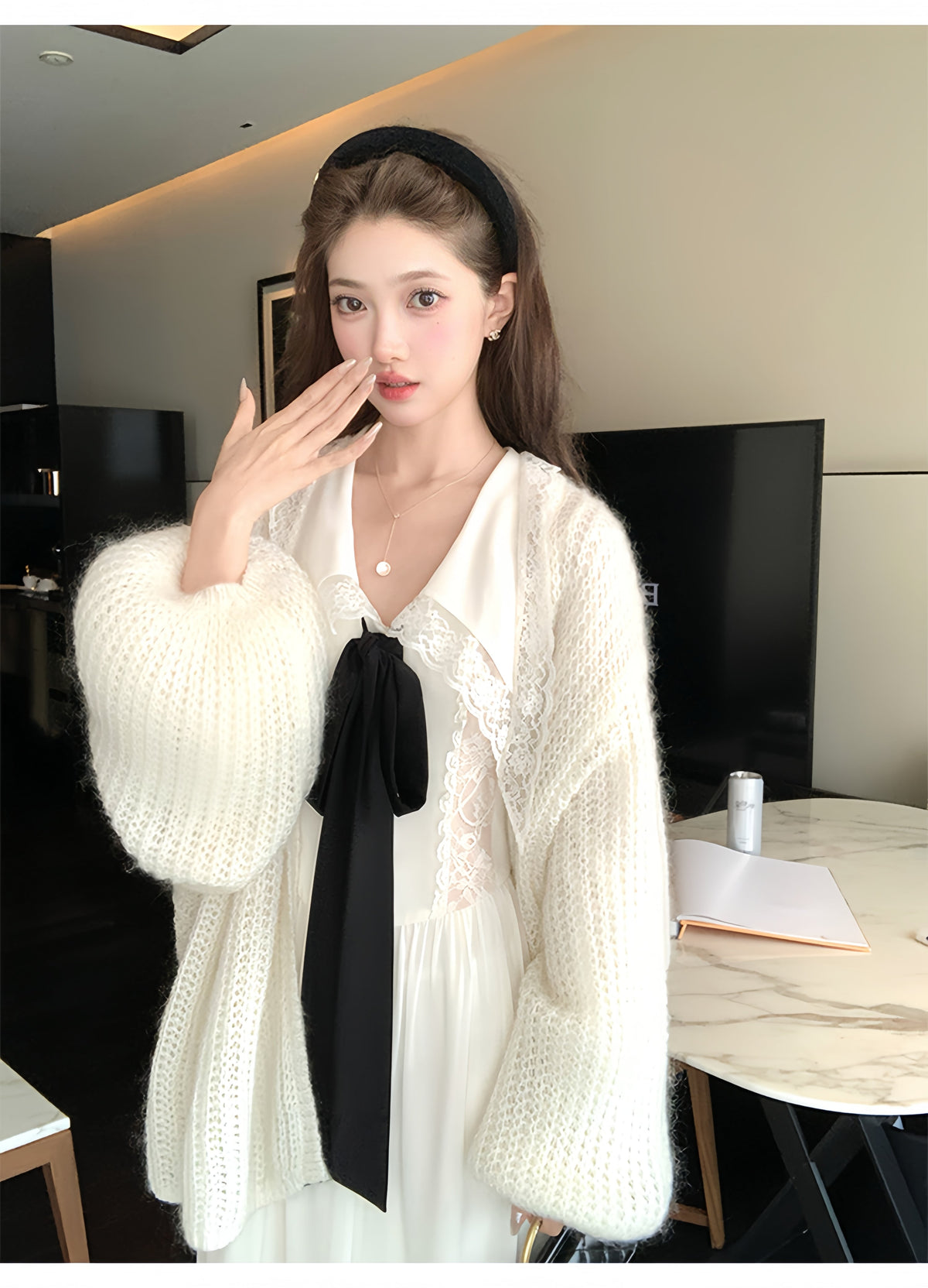 【dress】ビッグリボンレースドッキングロングワンピース　N3316