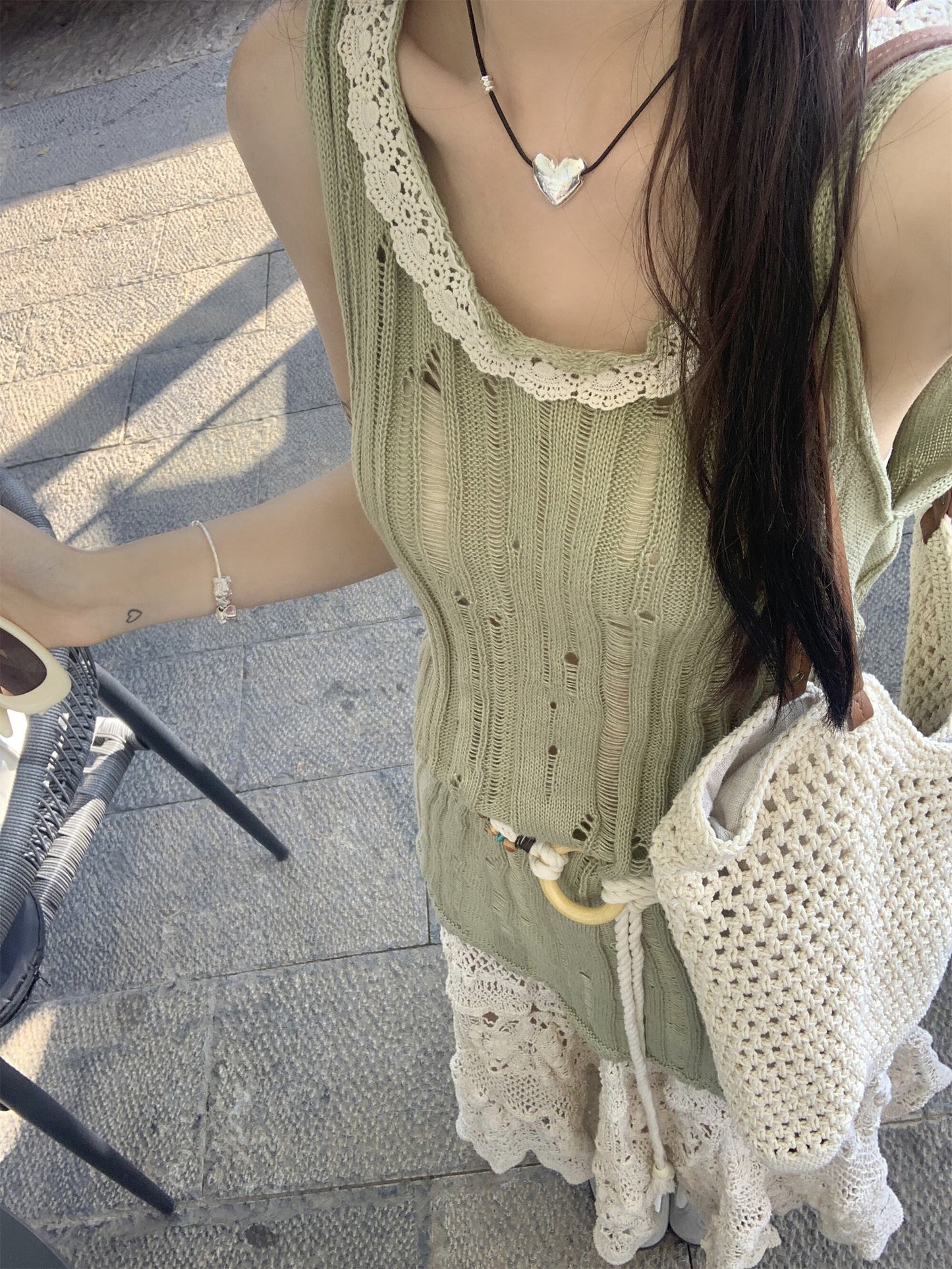 【set】ニットベスト+レース透かし彫りスカート２点セットG21099