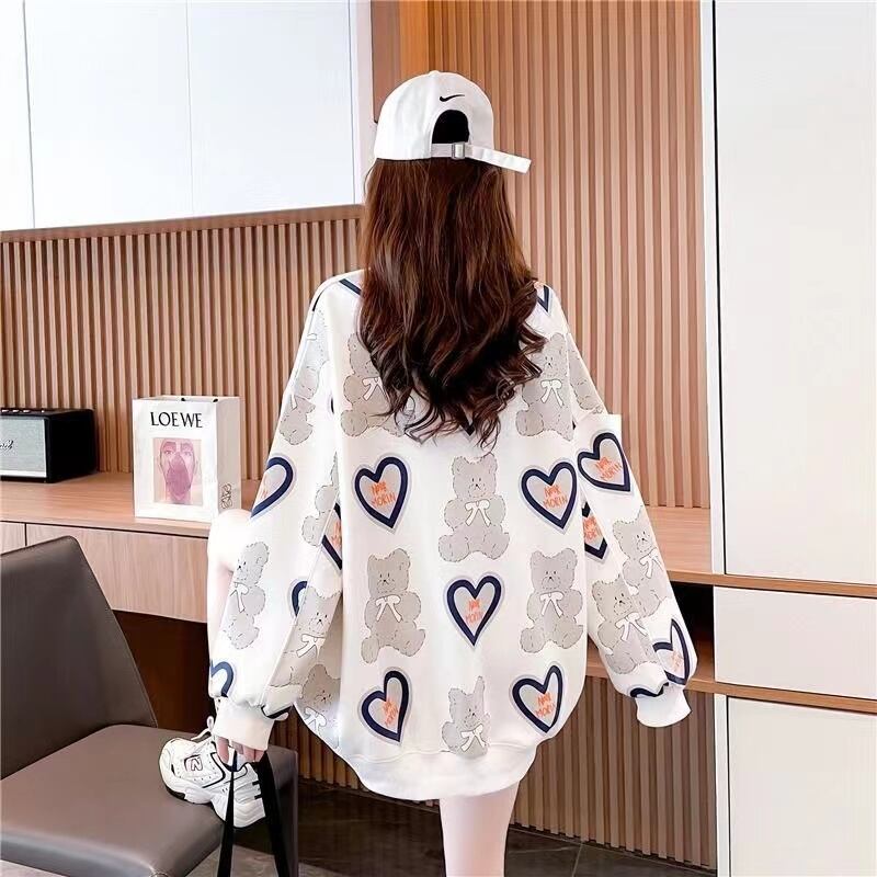 【tops】おすすめ3色裏起毛ラウンドネック長袖秋冬新作動物柄ハート柄配色厚手着回しパーカーF1333