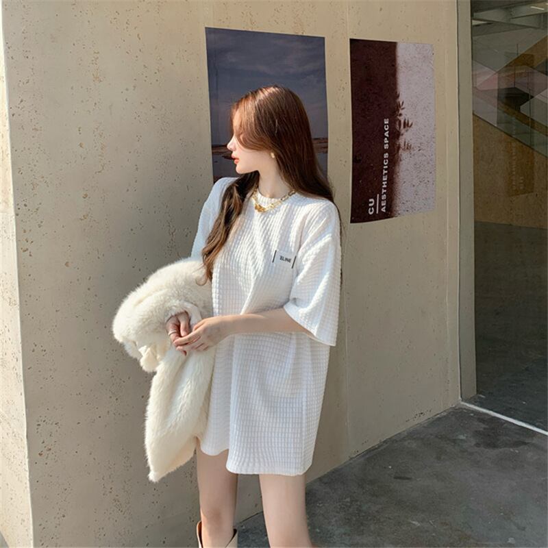 【tops】韓国ファッションINS風2色ラウンドネック半袖ゆったり着回しTシャツF0379