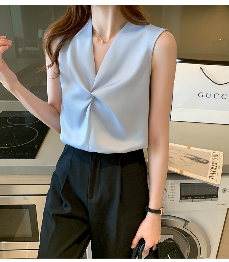 【tops】Vネックノースリーブ無地着回しタンクトップシフォンF0248