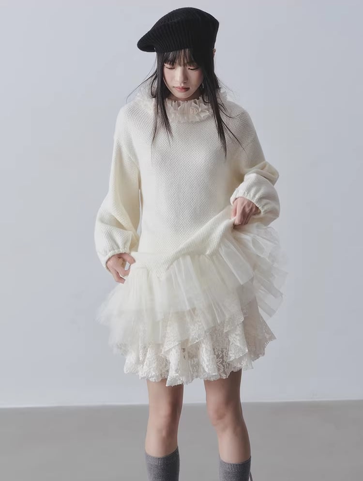 【dress】チュールドッキングフリルネックニットワンピース Q7965
