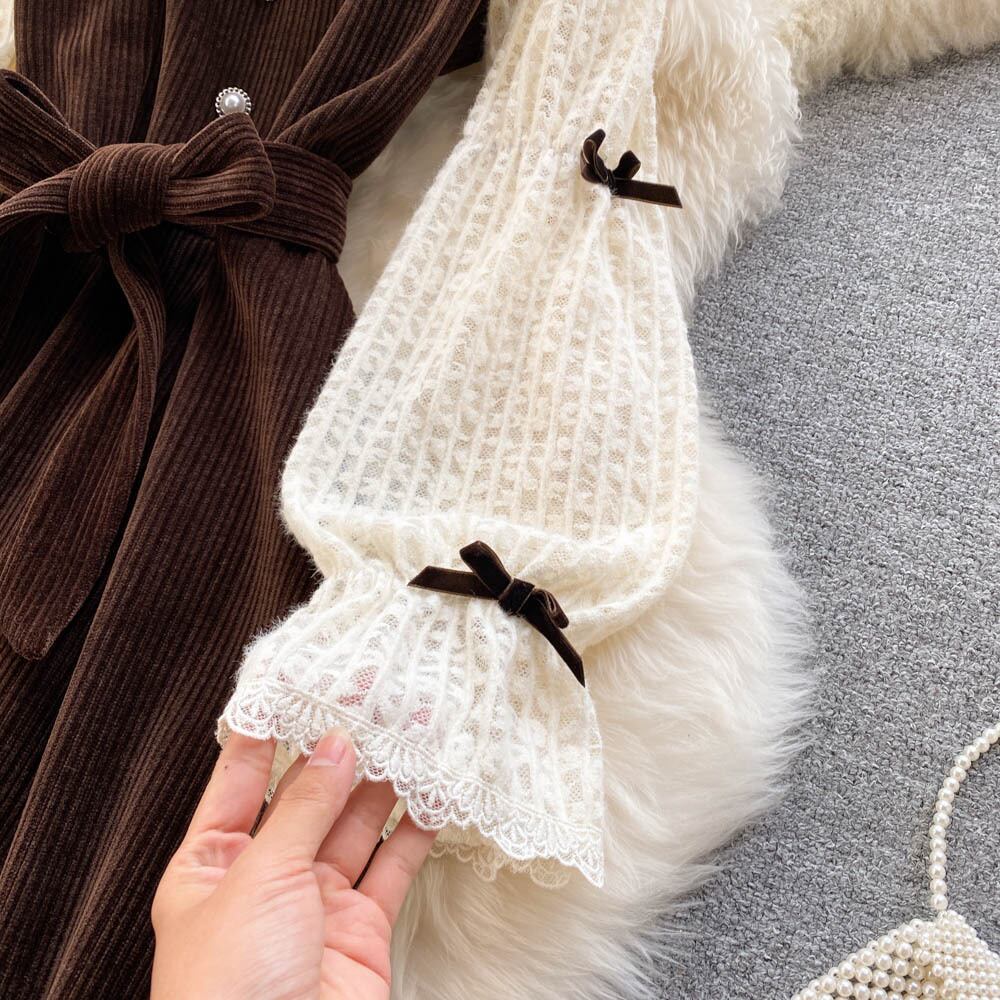 【dress】ファッションレトロスウィートデザインレース切り替えパフスリーブワンピース G3200