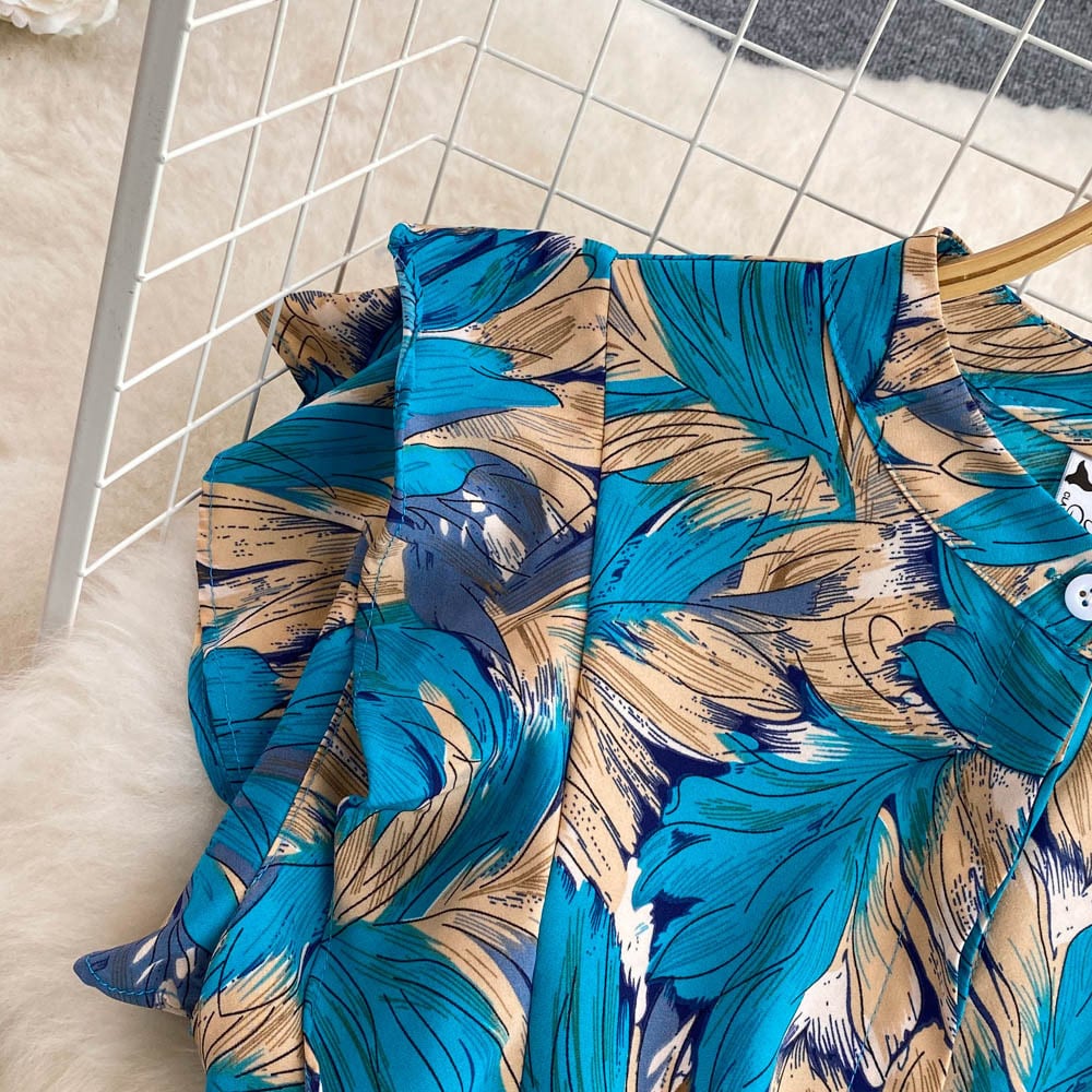 【dress】オシャレ度満点〜夏新作海旅行4色バンドカラー花柄配色シフォンワンピースF5110