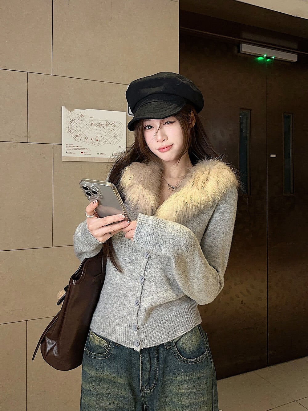 【outer】ファー付きニットカーデ　M28840