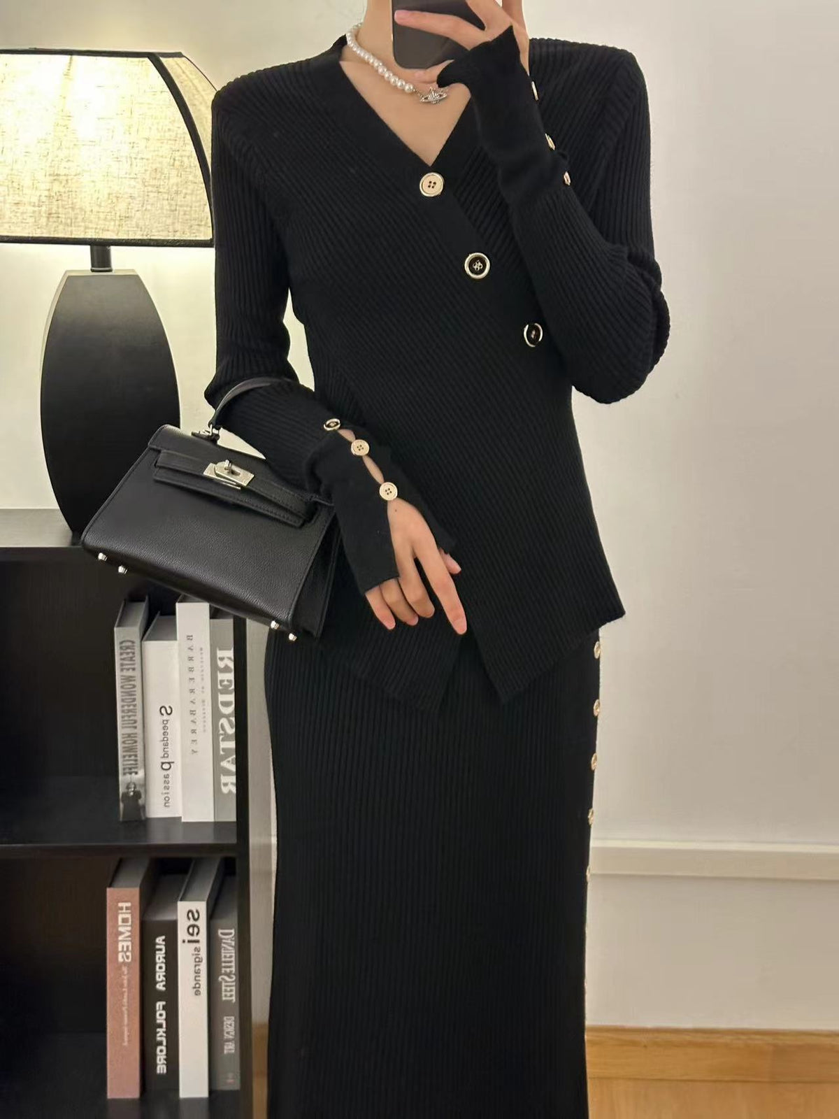 【set】クロスVネックニットセーター×スカートセット　M25894