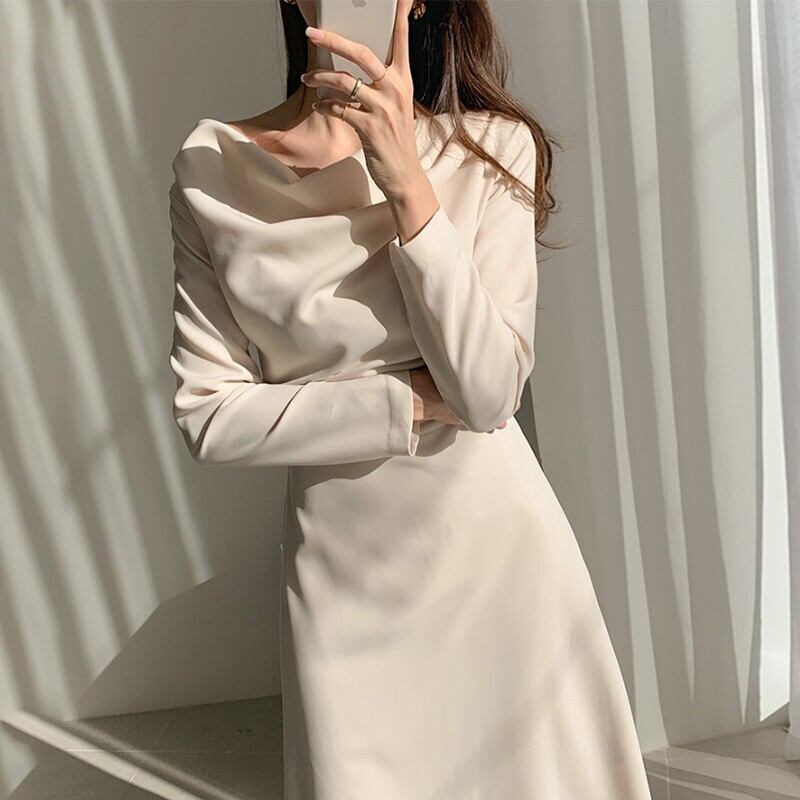 【dress】エレガント気質満点シンプル不規則着痩せハイウエスト長袖ワンピース G2964