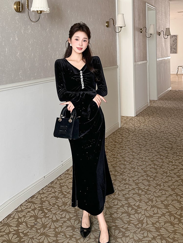 【dress】Vネックベルベットロングワンピース Q7502