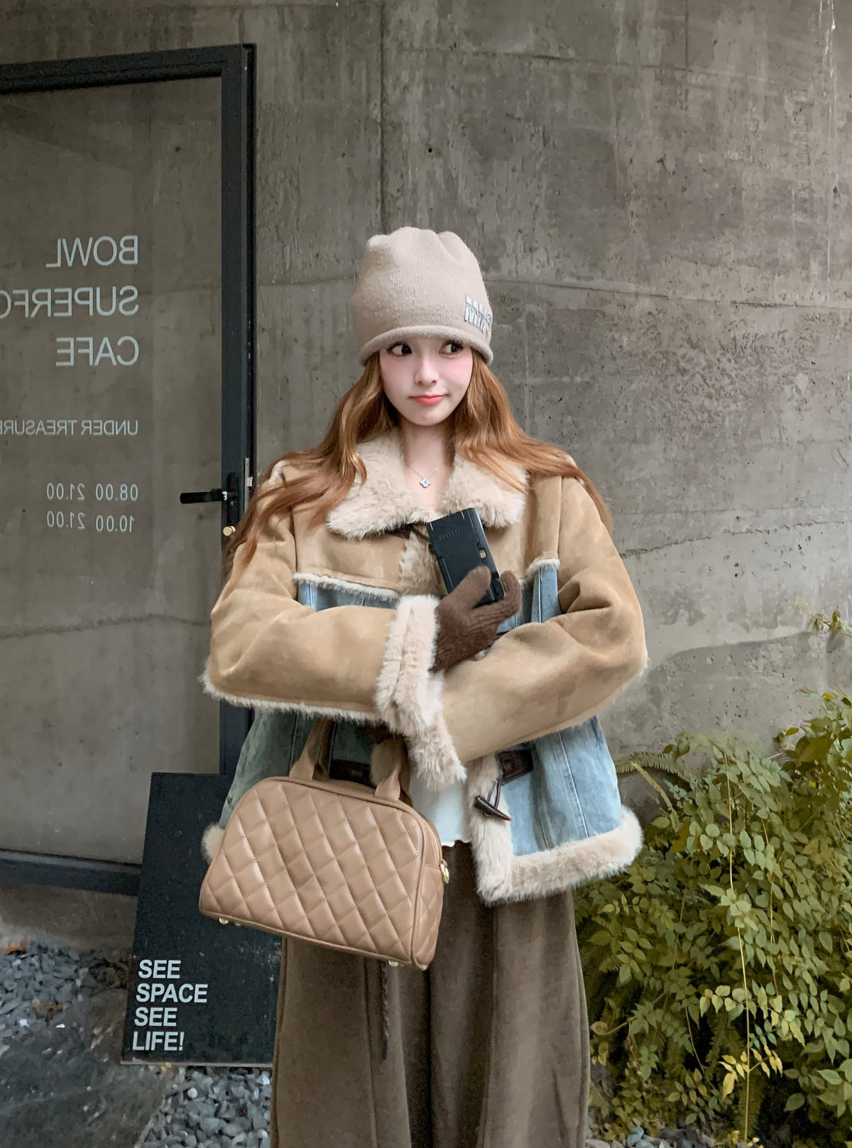 【outer】ファー付きデニムドッキングコート Q7483