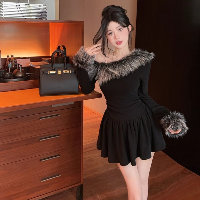 【dress】ファー付きフレアワンピース Q7564