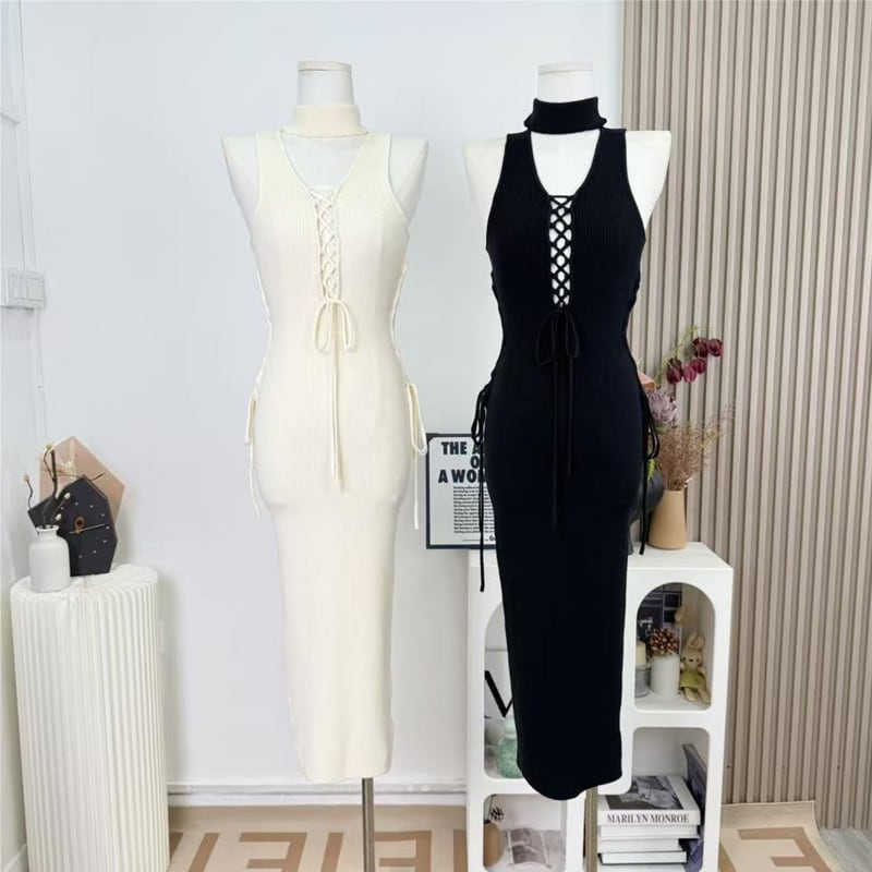 【dress】ストラップデザインロングニットキャミワンピース Q7803