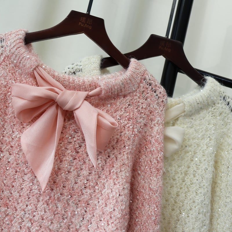 【tops】リボン付きニットセーター　M26372