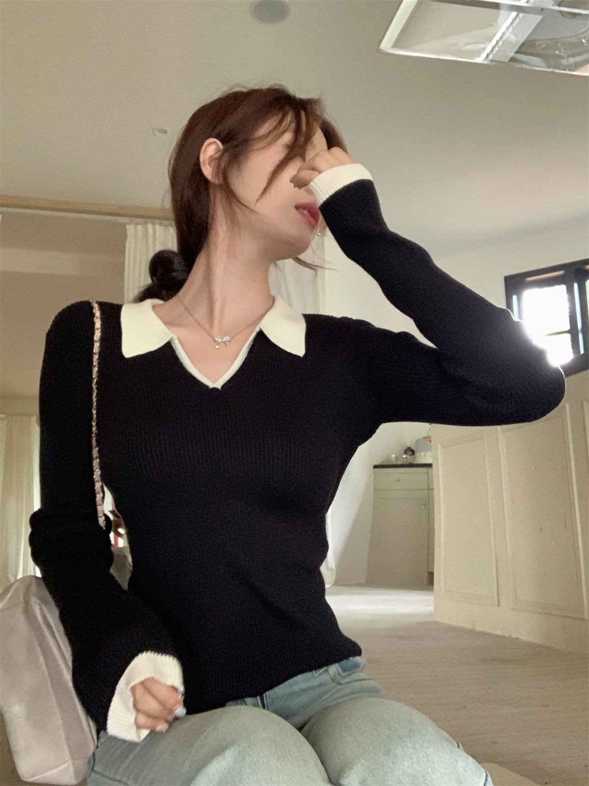 【tops】POLOネックニットトップス　M28677