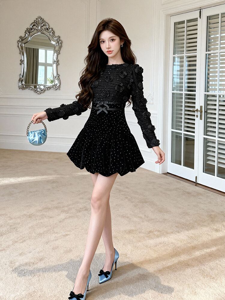 【dress】立体感バラベルベットワンピース Q7506
