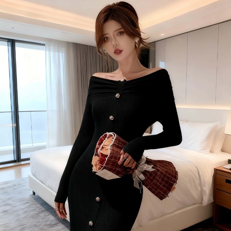 【dress】オフショルダーニットワンピース Q7119